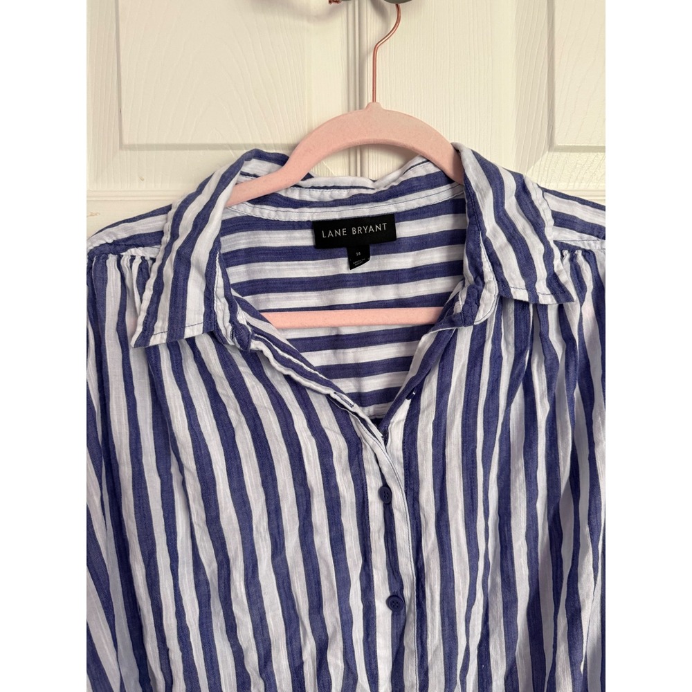 Lane Bryant Women 14 Blue White Striped Button Down Tie Front Short Sleeve Shirt - Picture 2 of 8